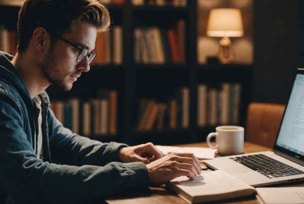 Student crafting personalized study plan with books and laptop