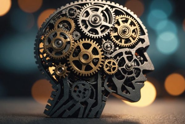 Brain with gears representing analytical and critical thinking