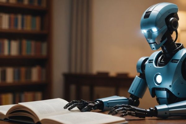 AI robot preparing for UPSC exam with books