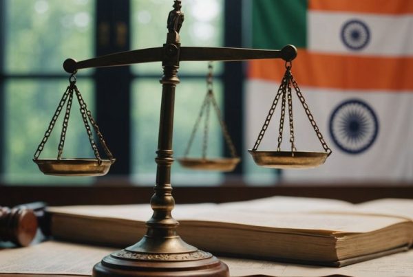Justice scales, legal papers, and Indian flag together