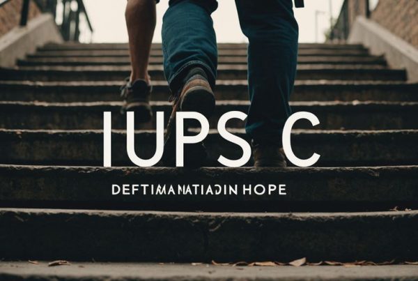 Person climbing stairs labeled 'UPSC' with determination and hope.