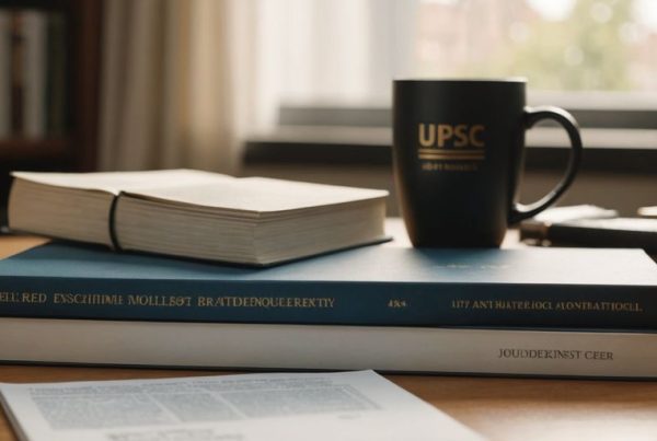 UPSC preparation books and materials on a study desk