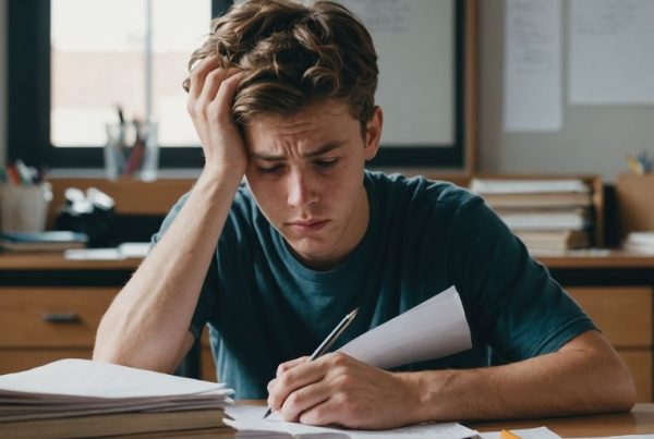 Frustrated student writing with books and crumpled papers revision for State PCS