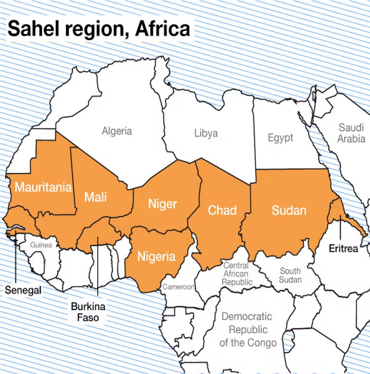 A map of africa with orange and white regions Description automatically generated